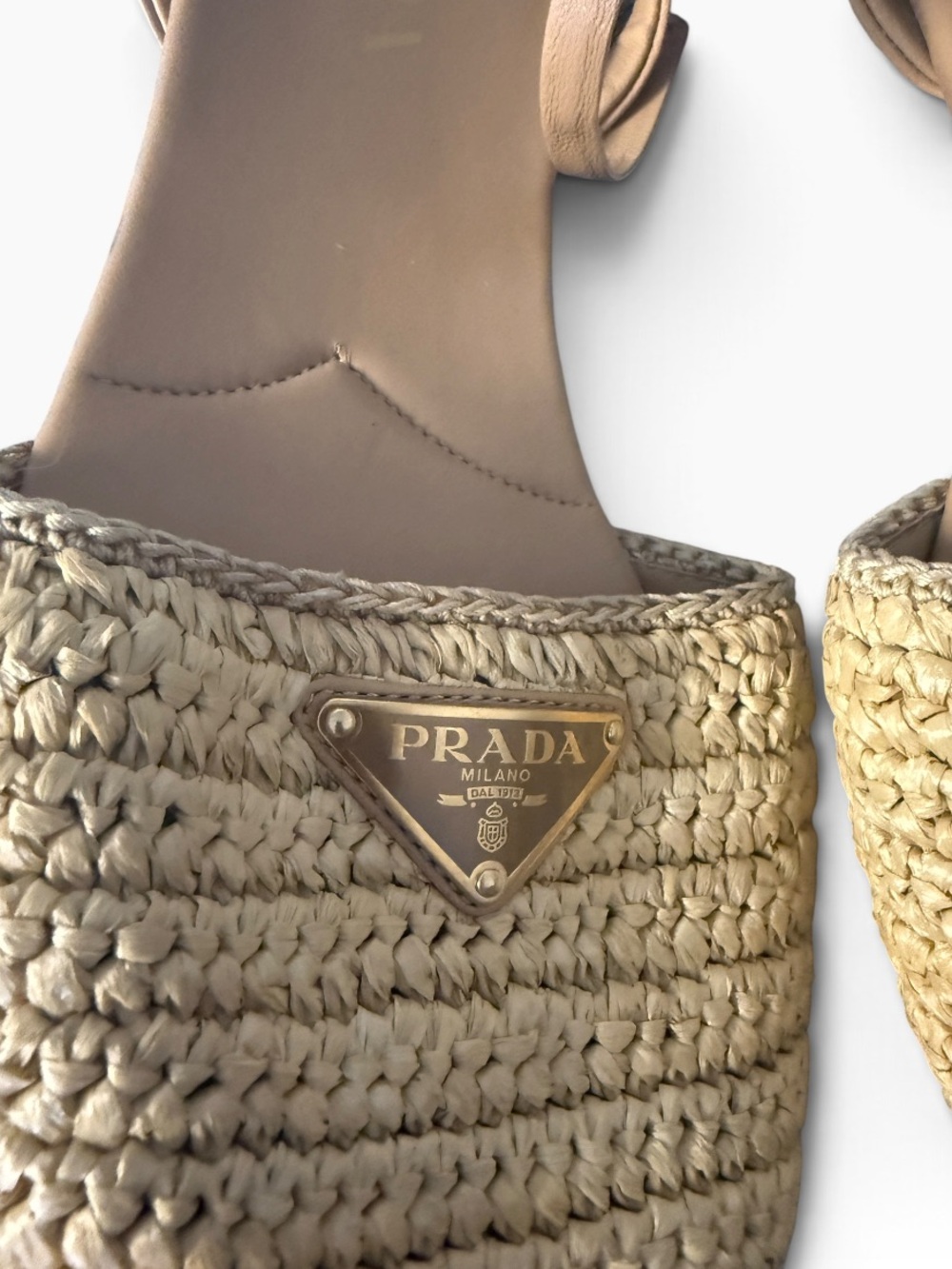 Prada Triangle Logo Natural Raffia Straw Woven Wrap Up Sandals Tan EU 40 - Picture 7 of 10